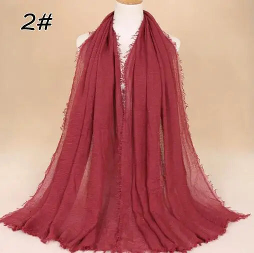 2018 Ny Etnisk Överdimensionerad Muslimsk Crinkle Hijab Huvudduk Dam Enfärgad Bubbla Bomullssjalar Och Sjalar Mjuk Stor Linne Foulard Femme