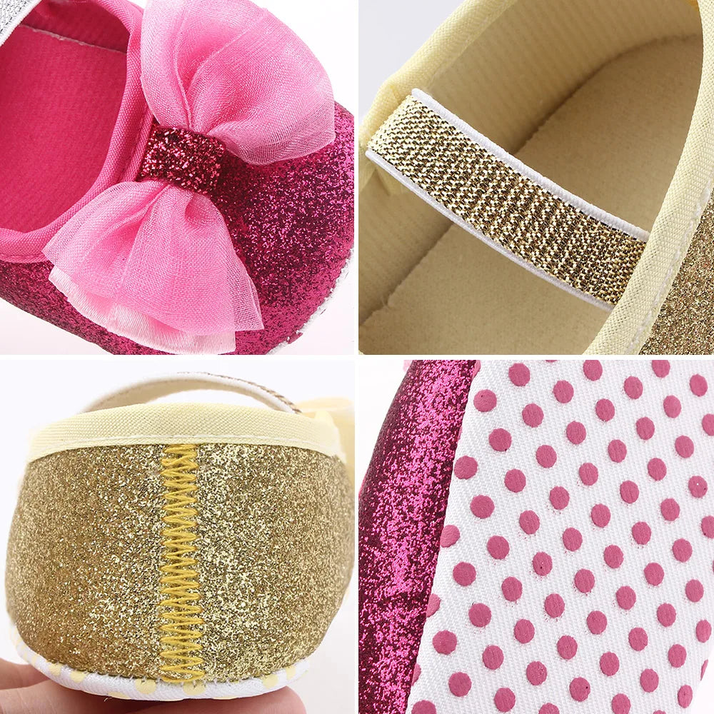 Babyflickor Paljetter Dockskor Mary Jane Platta Glitter Spets Rosett Fina Prinsessskor Halkfria Första Gåskor Spädbarnsskor