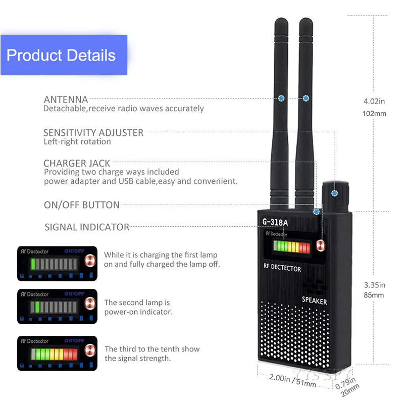 2.4G Wifi RF Signal Finder Anti Candid Kamera Detektor Spion Dold Kamera Ljud Bugg GPS Tracker GSM Trådlös Enhetsskanner Svart