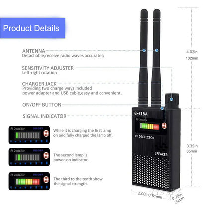 2.4G Wifi RF Signal Finder Anti Candid Kamera Detektor Spion Dold Kamera Ljud Bugg GPS Tracker GSM Trådlös Enhetsskanner Svart