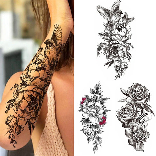 Sexig Blomma Fågel Tillfällig Vattentät Tatuering Klistermärke Flicka Fjäril Drömfångare Cross Body Arm Ärm Bröst Fake Totem Kvinnor