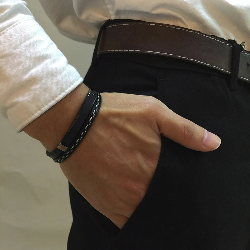Vnox Unika Sew Lines Äkta Läderarmband för Herr Kvinnor Rostfritt Stål Stånglagerarmband Kausal Pulseira