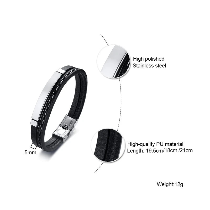 Vnox Unika Sew Lines Äkta Läderarmband för Herr Kvinnor Rostfritt Stål Stånglagerarmband Kausal Pulseira