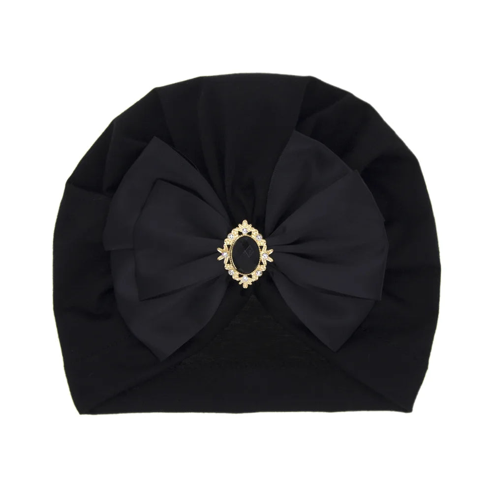 Enfärgad Baby Turban Rosett Bling Strass Spädbarnsmössor Flicka Mössa Mode Handgjord Band Rosett Indisk Mössa Mjuk Huva 0-2År