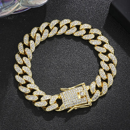 Lyxigt Iced Out kubansk länkkedja armband för män belagda kristaller hiphop-smycken rostfritt stål bling bling armband present