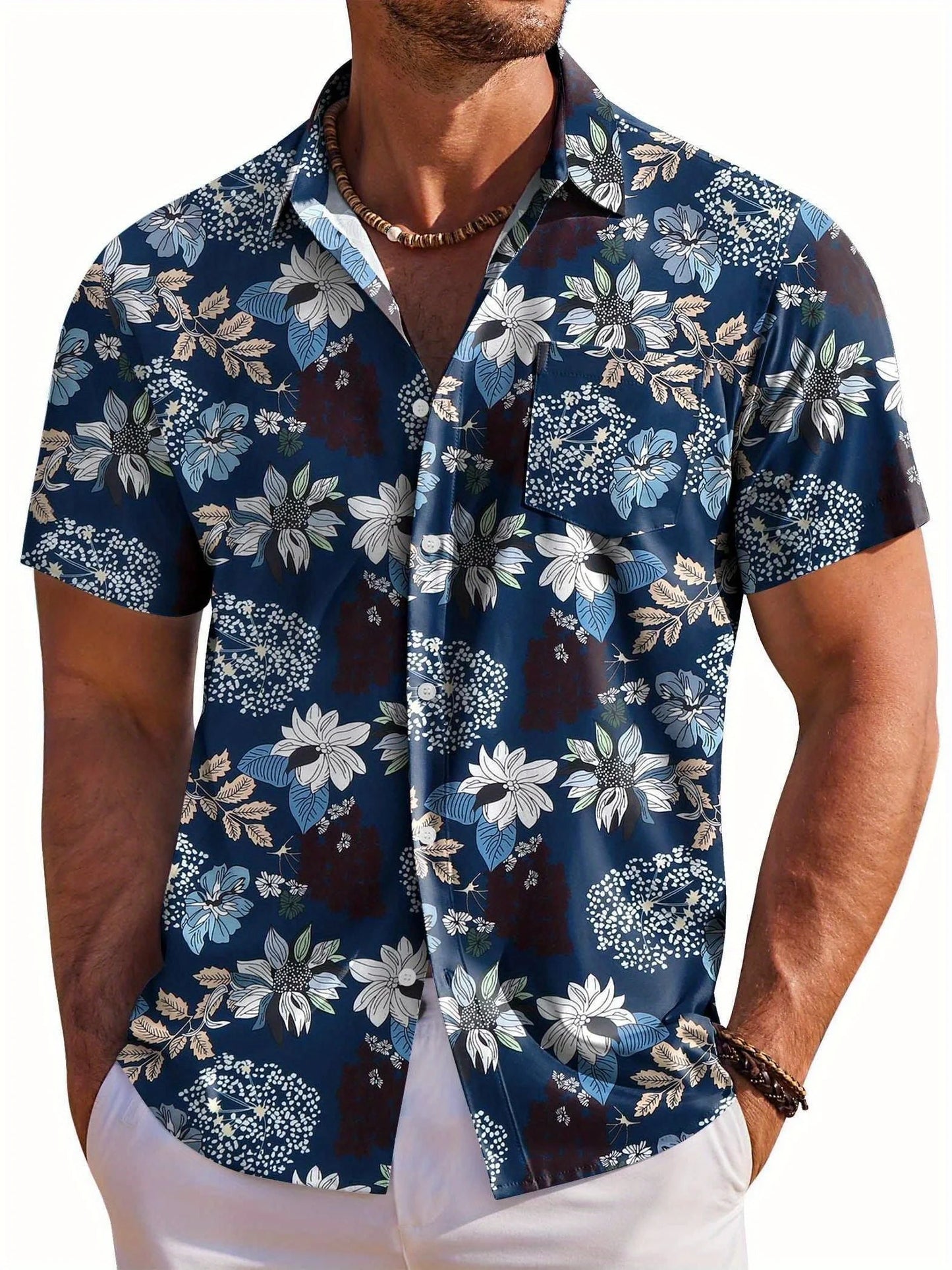 Herrskjorta med kort ärm, Hawaiiskjorta med botaniskt blommönster, slag, strandskjorta, topp, casual, moderiktiga skjortor