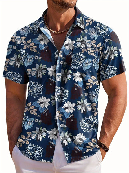 Herrskjorta med kort ärm, Hawaiiskjorta med botaniskt blommönster, slag, strandskjorta, topp, casual, moderiktiga skjortor
