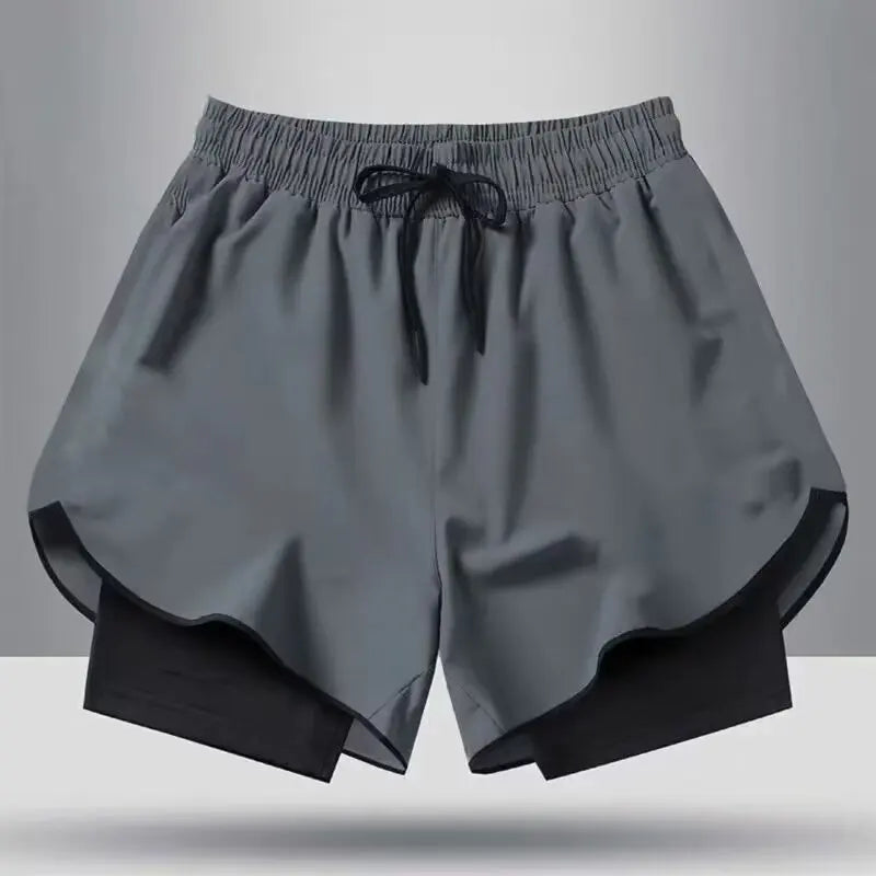 Herr Sommar 2-i-1 Dubbelskiktade Shorts Gym Fitness Träning Långsam Löpning Andningsbara Elastiska Kompressionsshorts Herr Dubbelskiktade Shorts