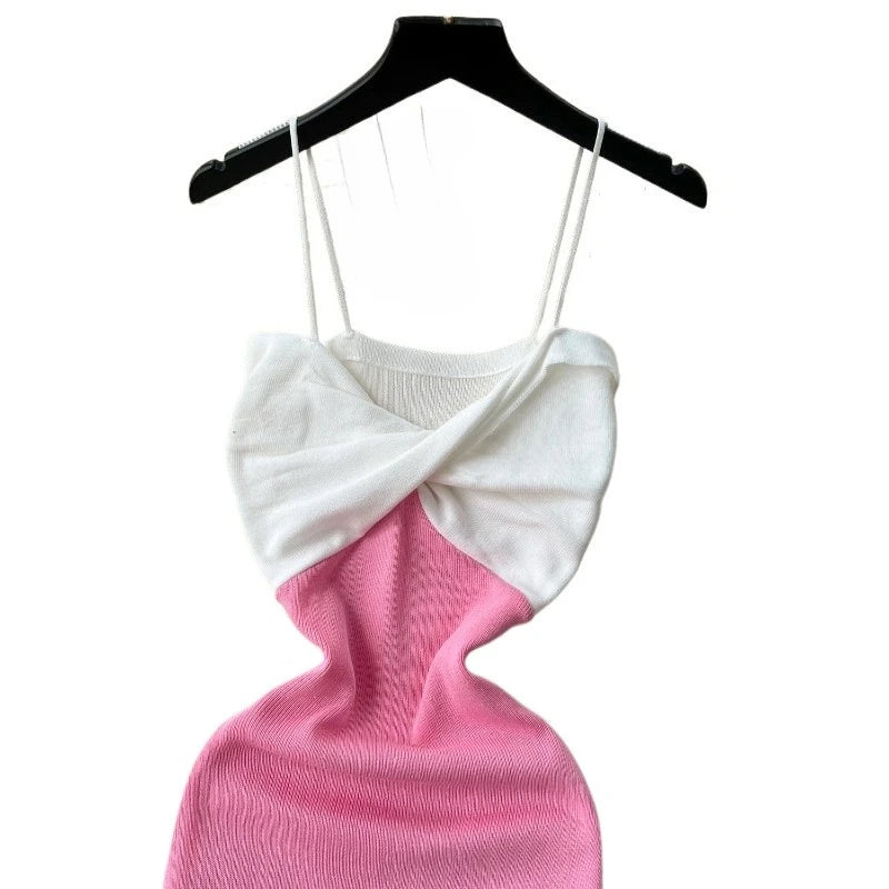 Dam Röd Vit Färgblock Spaghettiband V-ringad Twist Solklänning Stretchig Ribbad Stickad Bodycon Miniklänning Sommarfestklänning