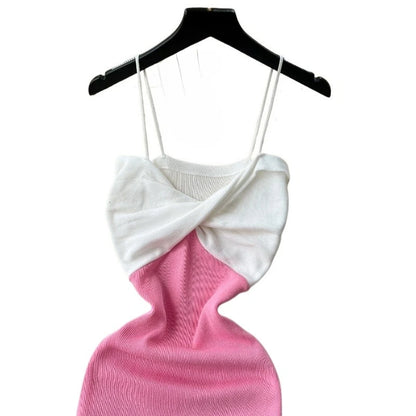 Dam Röd Vit Färgblock Spaghettiband V-ringad Twist Solklänning Stretchig Ribbad Stickad Bodycon Miniklänning Sommarfestklänning