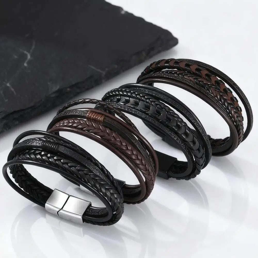 Flerskiktade flätade reparmband för män, klassiskt handgjort PU-läderarmband med magnetiskt spänne, trendiga punksmycken
