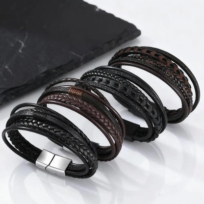 Flerskiktade flätade reparmband för män, klassiskt handgjort PU-läderarmband med magnetiskt spänne, trendiga punksmycken