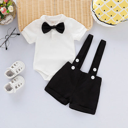 Mini Gentleman Outfit Nyfödd Baby Pojke Formella Dräkter Kortärmad Tröja Med Rosett + Sparkdräkt Korta Byxor Sommarmode 2 Delar Set