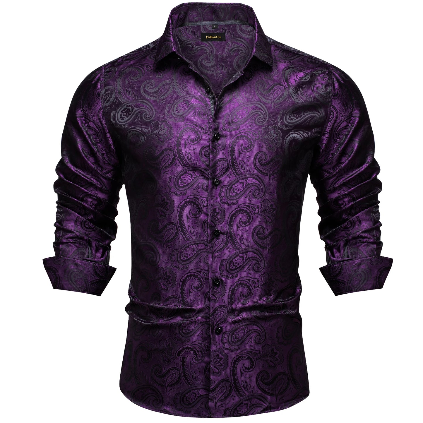2026 Lyxig Herrskjorta Formell Bal Smoking Långärmad Siden Polyester Gyllene Färg Paisley Svarta Skjortor Blus Herrkläder