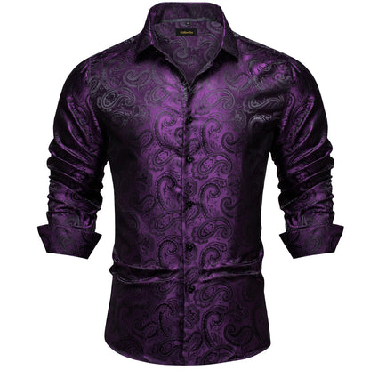 2026 Lyxig Herrskjorta Formell Bal Smoking Långärmad Siden Polyester Gyllene Färg Paisley Svarta Skjortor Blus Herrkläder