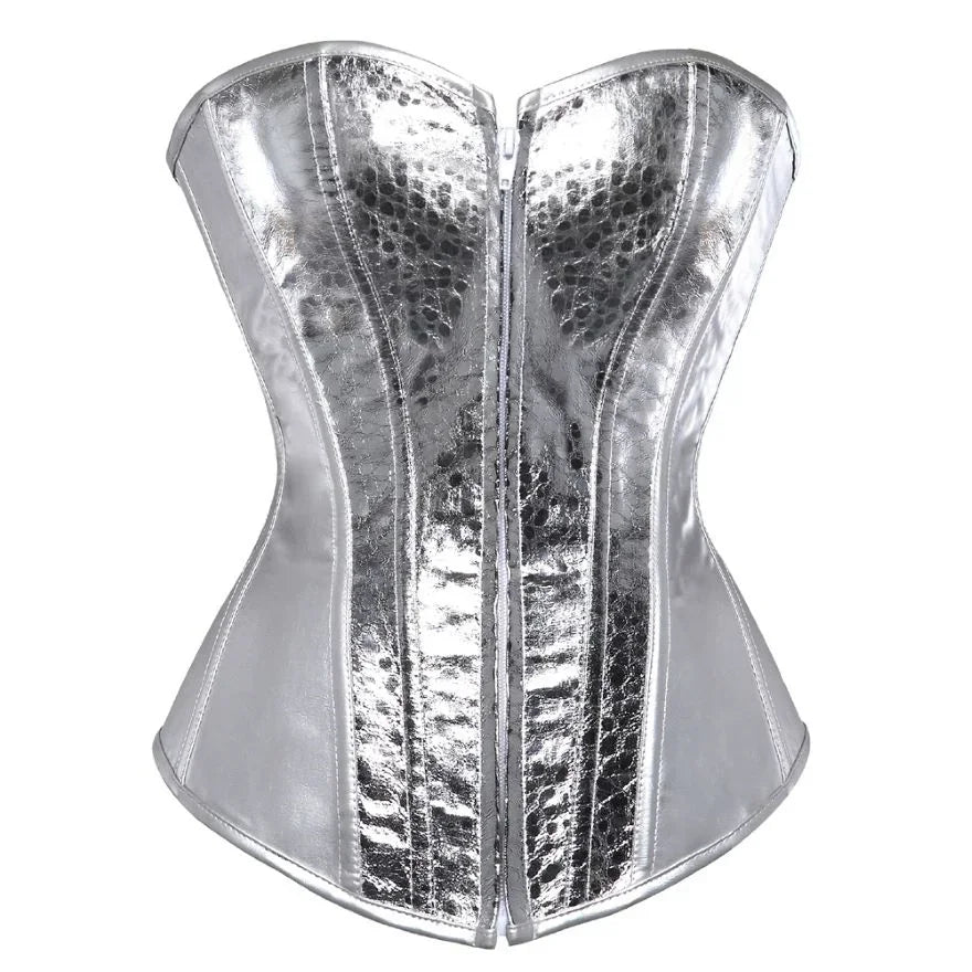 Dam Konstläder Glänsande Guld Silver Överbystkorsett Burlesk Bustier Body Shaper Steampunk Korsett Topp Plus Storlek