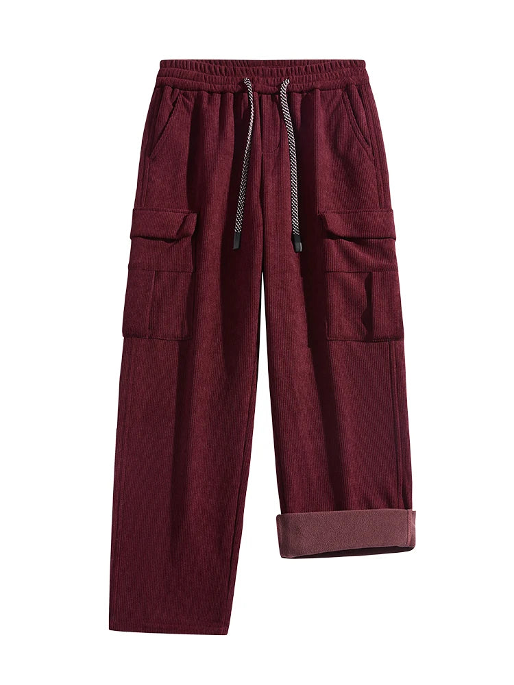Vinter Corduroy Sweatpants Herr Flerfickor Fleecefoder Stickade Cargobyxor Tjockare Varma Casual Lösa Raka Herrbyxor