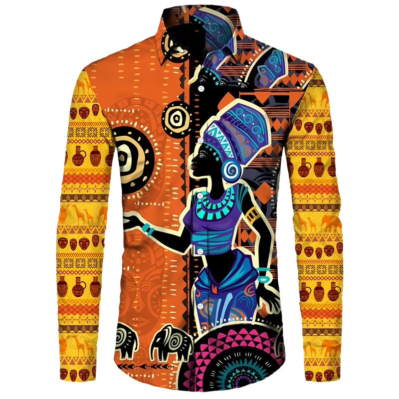 Afrikanskt Dashiki-tryck Herrskjortor med nedfällbar krage och knappar Långärmade Toppar Kläder Etnisk Stil Streetwear Kläder Skjorta