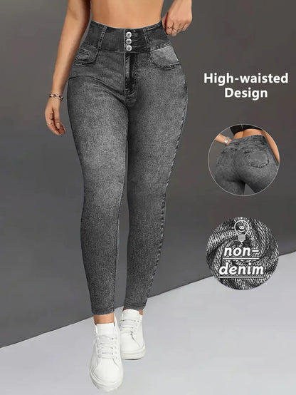 Denimtryck Yoga Långbyxor Magkontroll Rumplyftande Andningsbar Bekväm Modern För Sport Och Vardagskläder