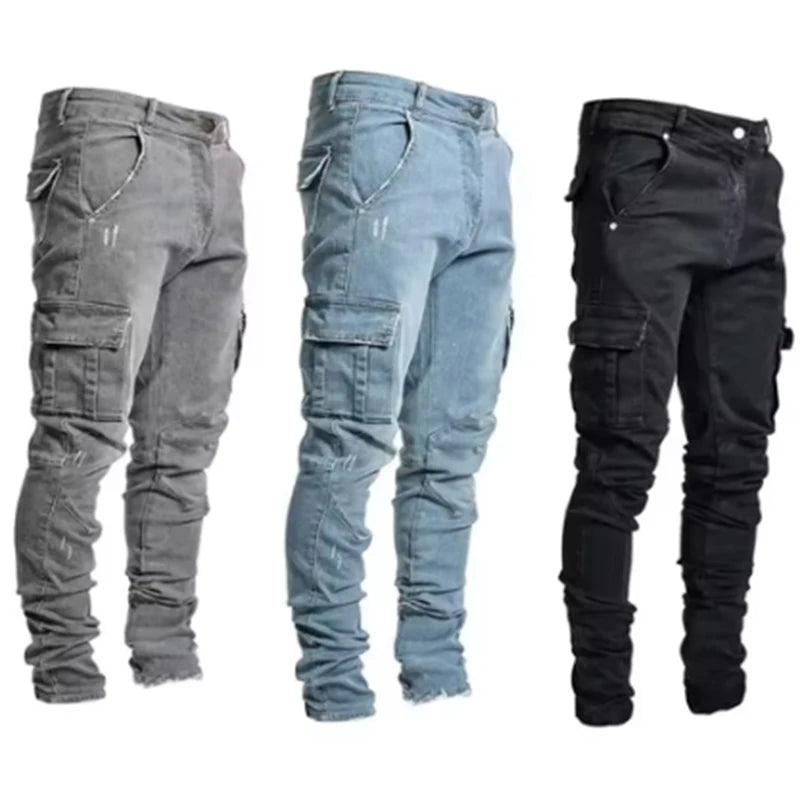 Herr Amerikanska Jeans Med Flerficksfickor Herr Nya Slim Fit Smala Ben Denimbyxor Dagligen Casual Mångsidiga Enfärgade Pennbyxor