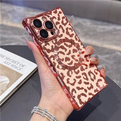 Lyxigt guldskal med leopardmönster och stötskydd för iPhone MagSafe Magnetic 13, 14, 15, 16 Pro Max, Plus, 17 och Air – skyddsfodral