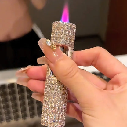 Lyxig mini uppblåsbar tändare med strass, vindtät metall, rosa låga, bärbar tändare för män och kvinnor, små verktyg