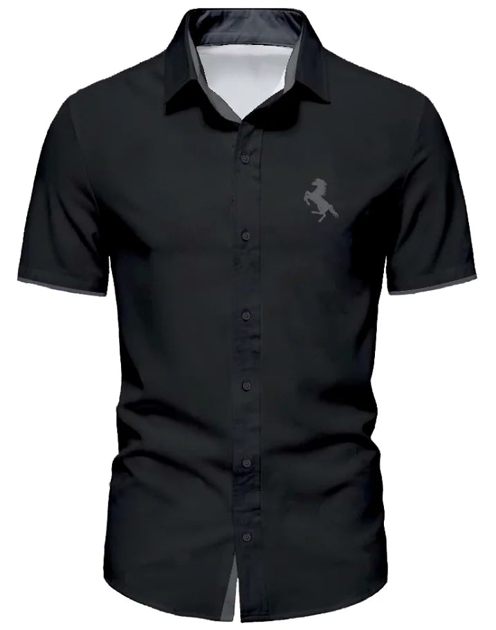 Herr sommar minimalistisk kortärmad skjorta trendig svart hästlogotyp kontrasterande T-shirt herrpresent