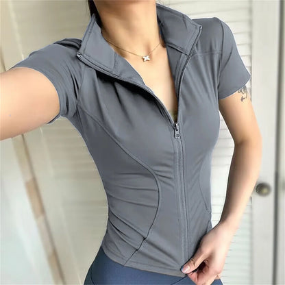 Casual Slim Sportjacka För Damer Kortärmad Enfärgad Dragkedja Toppar Dam Cykling Löpning Yoga Outfit Kläder Sommar Sportjacka