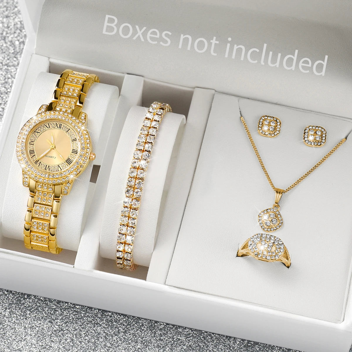 6 delar/set damklocka moderiktig strass romsk urtavla kvartsklocka stålarmband armbandsur diamantsmyckenset (utan ask)