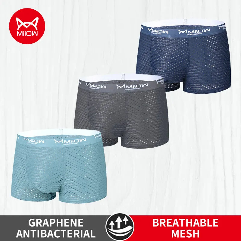 MiiOW 3 st. issilkesunderkläder för män, boxershorts, sexiga, nät, andningsbara, antibakteriella, herrkalsonger, L-4XL, herrboxershorts