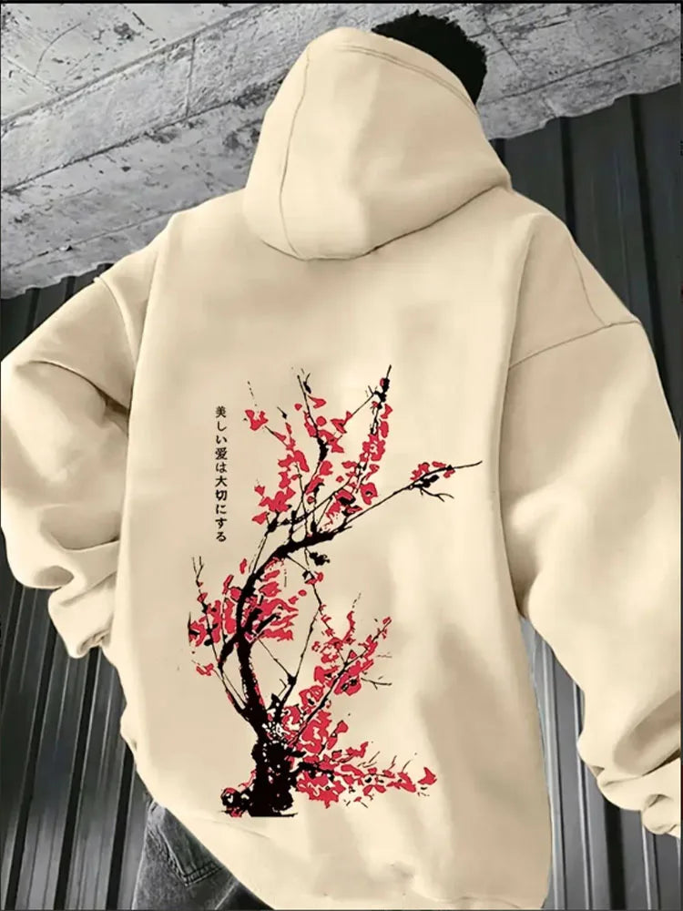 Japan Harajuku Plommonblomma Herr Hoodie Sport Casual Mode POP Y2K Fleece Höst Vinter Långärmad Tröja Topp Kläder