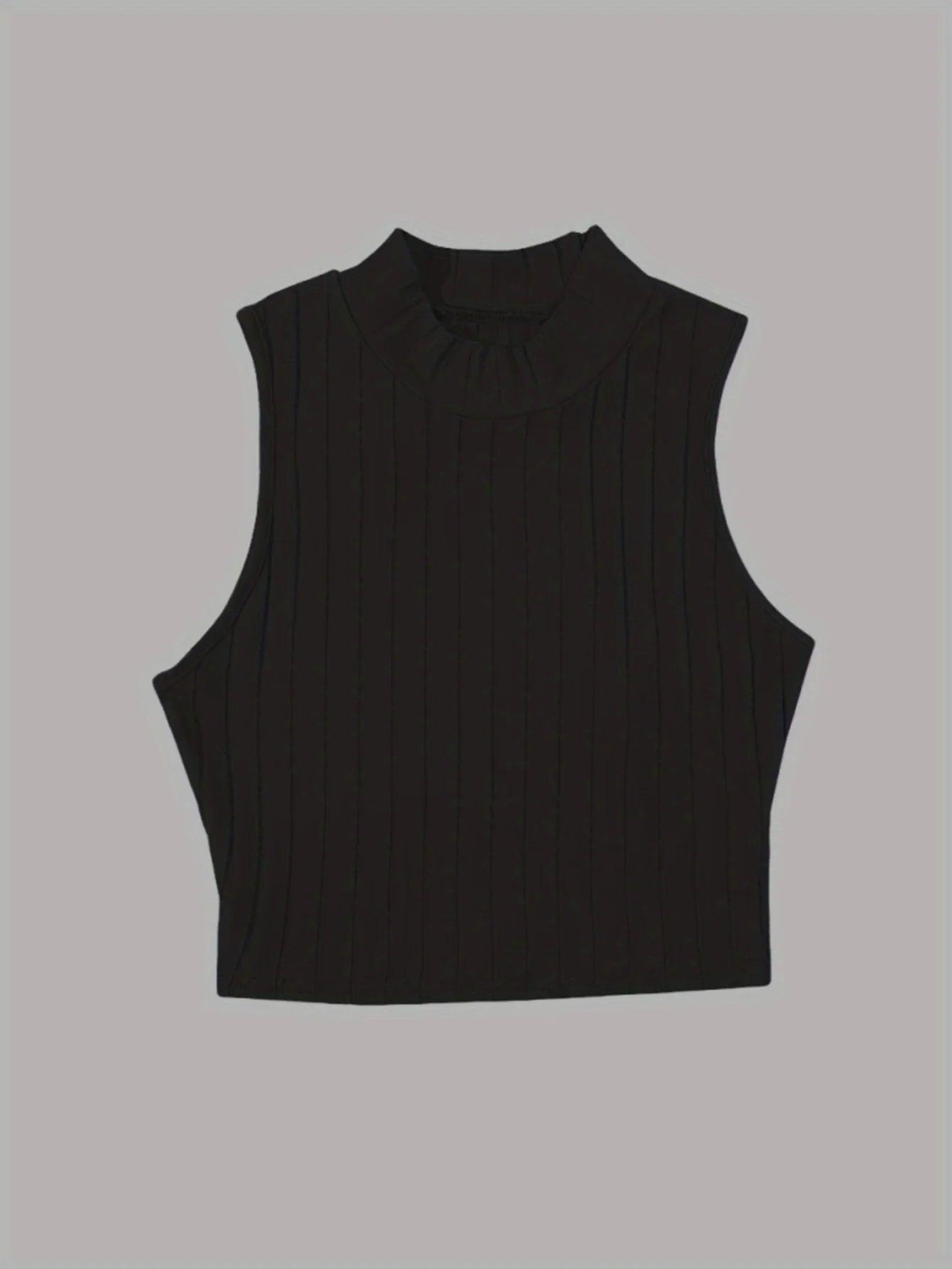 Women Caramel Brown Ribbed Knit Mock Neck Sleeveless Crop Top Casual Slim Fit Form Fitting Tank Top For Daily Wear Streetwear &