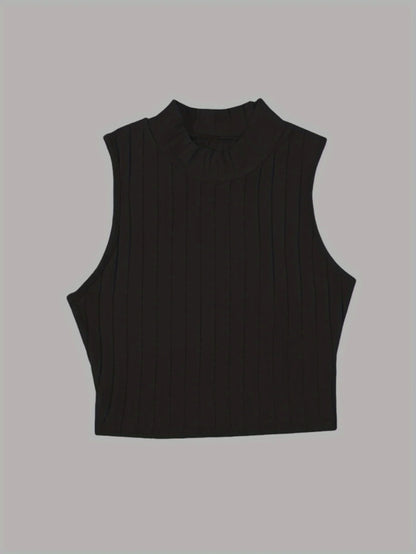 Women Caramel Brown Ribbed Knit Mock Neck Sleeveless Crop Top Casual Slim Fit Form Fitting Tank Top For Daily Wear Streetwear &