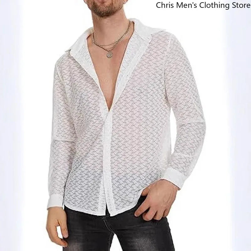 [Vår/Sommar Nyhet] Trenden med ihålig mesh, nattklubb, fest, casual, herrskjorta, sexig spetsperspektiv, långärmad skjorta för män