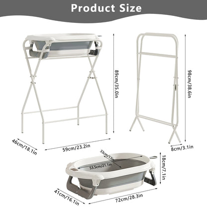 3 in 1 Baby Bath with Stand, Foldable Baby Bath Tub for Newborn to Toddler with Thermometer & Bath Pillow,Multifunctional,Grey