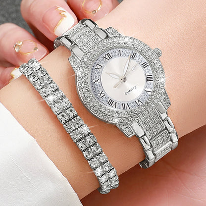 6 delar/set damklocka moderiktig strass romsk urtavla kvartsklocka stålarmband armbandsur diamantsmyckenset (utan ask)