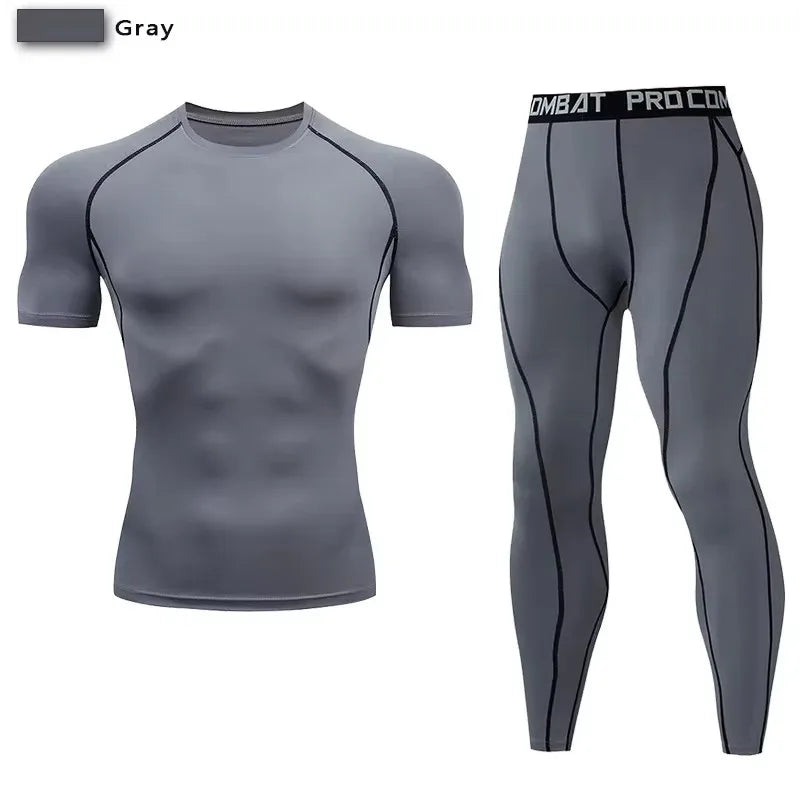 2 st. herr kompressions sportkläder elastiska träningsset yoga träningskläder jogging fitnesskläder träningsoverall byxor sport