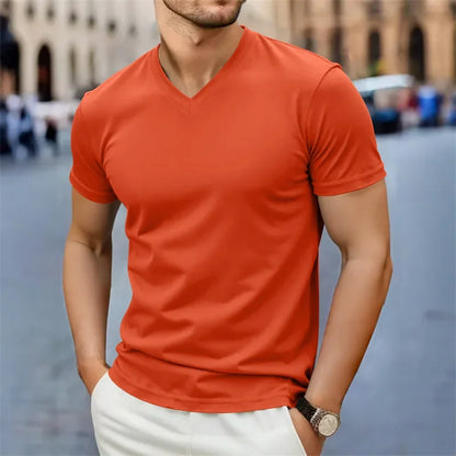 2025 Ny Herr Casual Mode Enkel V-ringad Kortärmad T-shirt Sommar Bekväm Andningsbar Mångsidig Topp