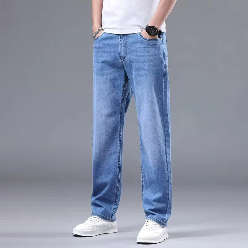 Vår Höst Herr Baggy Hög Midja Jeans Herrmode Casual Plus Size Byxor Klassiska Stretchiga Raka Ben Denimbyxor