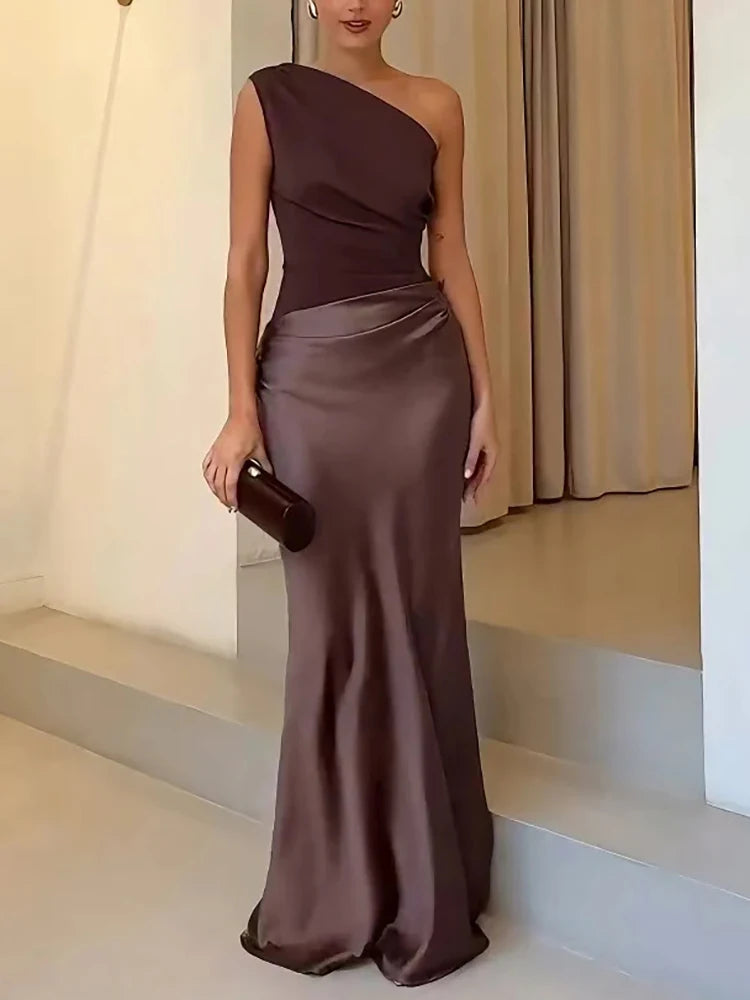 Mozision Satin Lutande Axel Sexig Maxiklänning Dammode Patchwork Ärmlös Rygglös Bodycon Kvällsklubb Festklänning