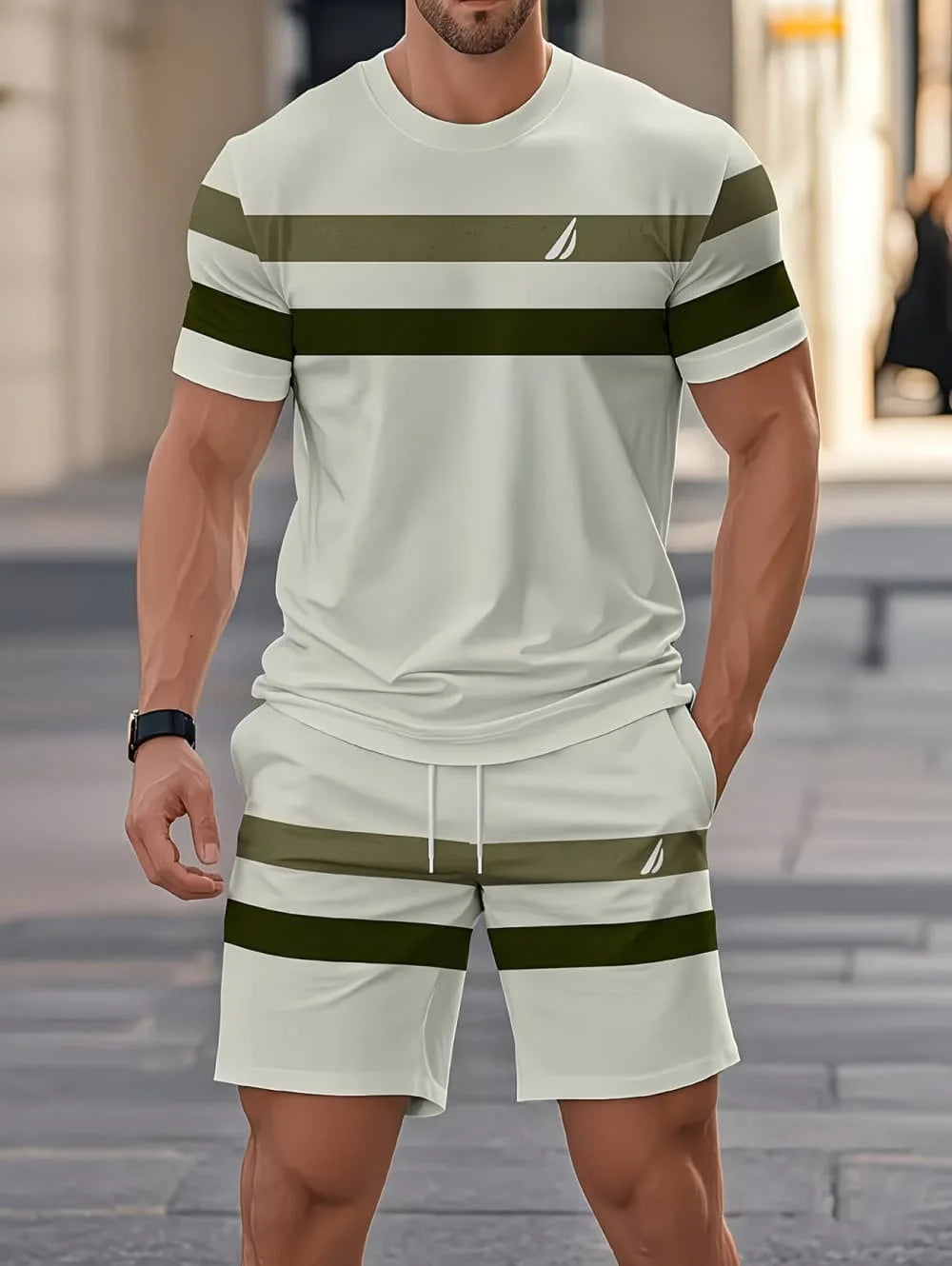 Avslappnad randig mönstrad t-shirt shorts set stor storlek lös herr kortärmad t-shirt med elastisk midja shorts 2-delat set sportkläder