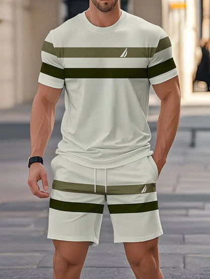 Avslappnad randig mönstrad t-shirt shorts set stor storlek lös herr kortärmad t-shirt med elastisk midja shorts 2-delat set sportkläder