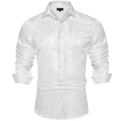 2026 Lyxig Herrskjorta Formell Bal Smoking Långärmad Siden Polyester Gyllene Färg Paisley Svarta Skjortor Blus Herrkläder