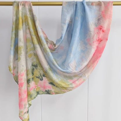 Lång sidenhalsduk för kvinnor i satin, moderiktig akvarell batiktryckt halsduk för dagliga hijab-huvudbonader