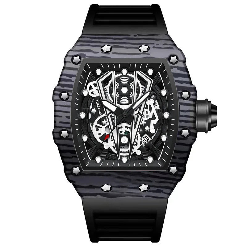 BINBOND Märke Herrklocka Domineering Barrel Watch Böjd Spegel Ihålig Yta Sport Herrklocka Silikon Quartz Armbandsur B8577