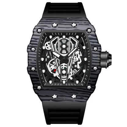 BINBOND Märke Herrklocka Domineering Barrel Watch Böjd Spegel Ihålig Yta Sport Herrklocka Silikon Quartz Armbandsur B8577