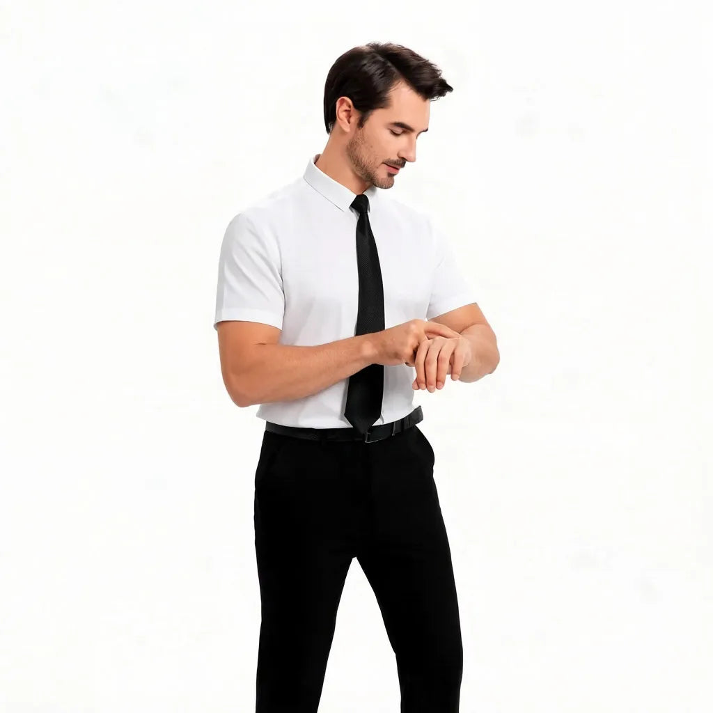 Herr Sommarskjorta för Business Kortärmad Stretchtyg Svart Utan Fickor Slim Fit Herrskjorta i Social Stil Hög Kvalitet 5XL