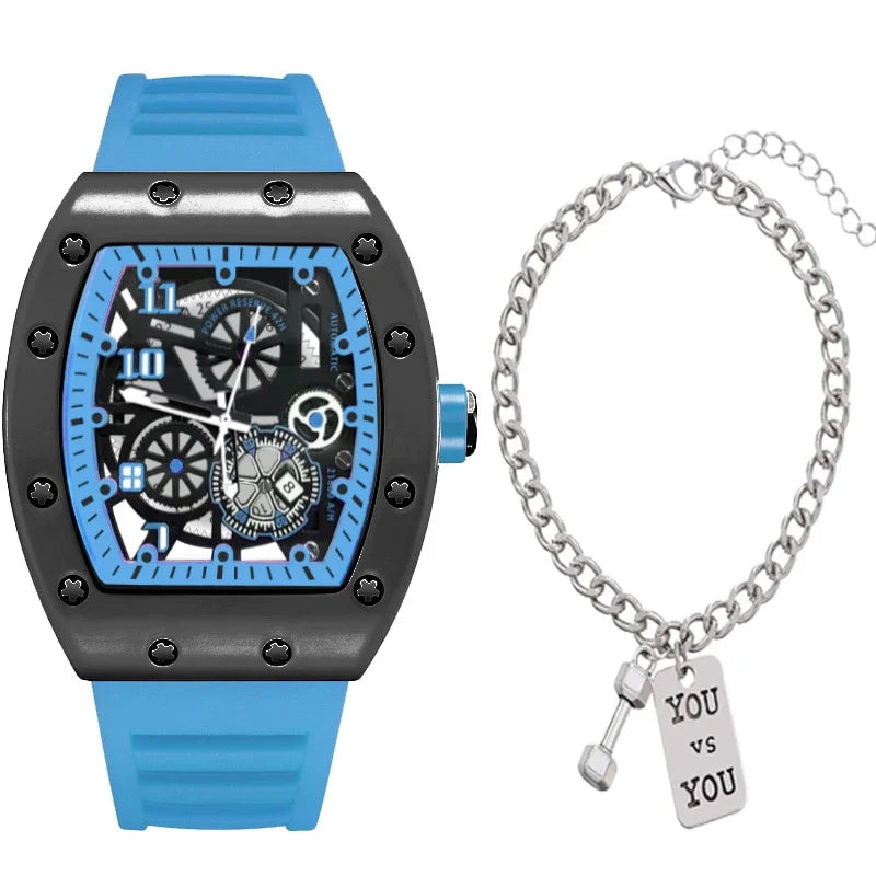 MAYZHISU Sport Herrklocka Tunnformad Quartz Armbandsur för Herrar Kalender Lysande Ihålig Urtavla Icke-mekanisk Herrklocka