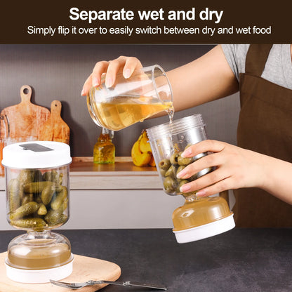 Picklesburk med gafflar, torr och våt dispenser, pickles och oliver, timglasburk, gurkabehållare för kök, juiceseparatorverktyg