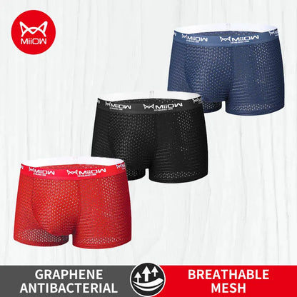 MiiOW 3 st. issilkesunderkläder för män, boxershorts, sexiga, nät, andningsbara, antibakteriella, herrkalsonger, L-4XL, herrboxershorts